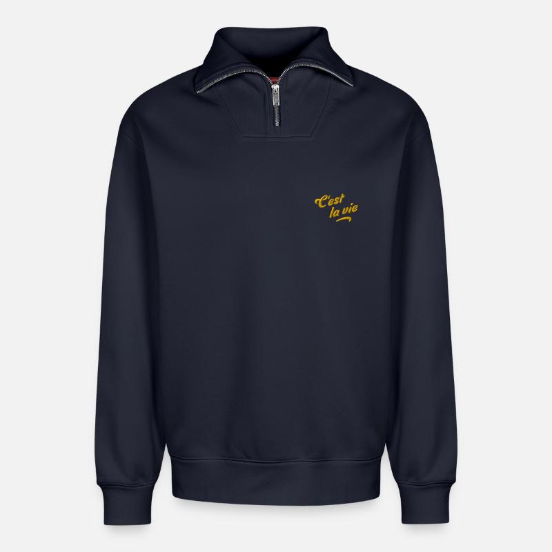 C’est la vie bestickt - Relaxed Unisex Organic Half Zip Sweatshirt – von SPREAD - Navy