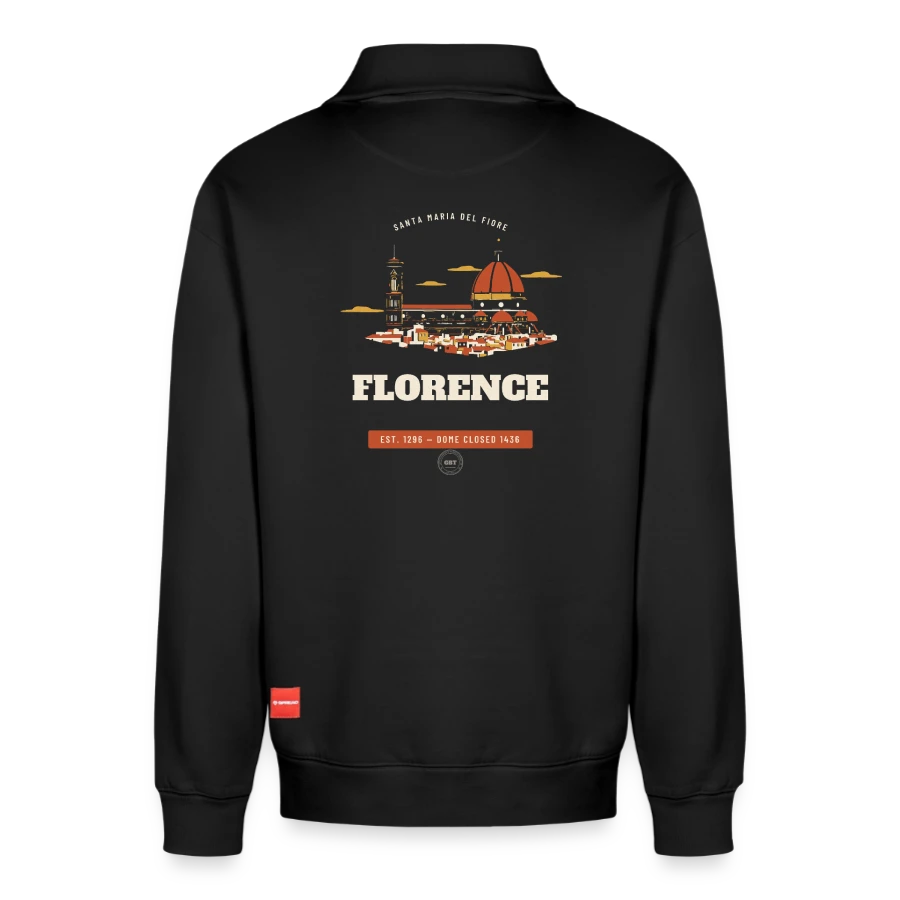 Florence badge on a relaxed unisex organic half zip sweatshirt – by spread, black, back