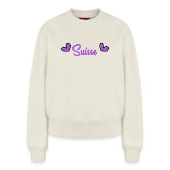 SWITZERLAND. HUMOR. COUNTRY. FLAG. GENEVA - Relaxed Women's Organic Sweatshirt – by SPREAD - off white - Front - AI Model Female 180 light (180cm)