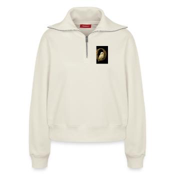 O – Magic ornament with snowy owl - Relaxed Women's Half Zip Sweatshirt – by SPREAD - off white - Front - AI Model Female 172 light (172cm)
