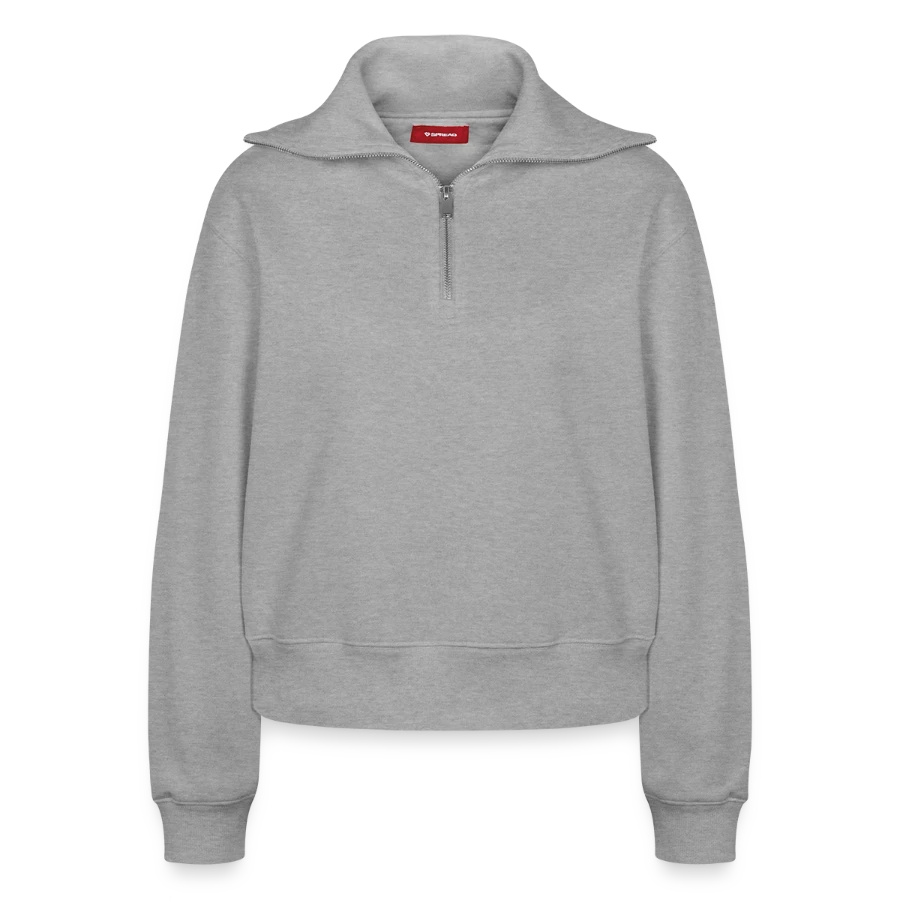 Geneva badge on a relaxed women's half zip sweatshirt – by spread, heather grey