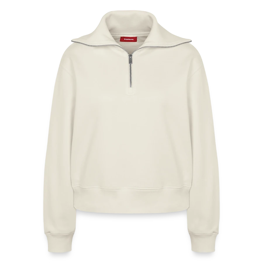 Geneva badge on a relaxed women's half zip sweatshirt – by spread, off white