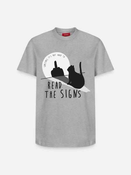 Leggi i cartelli. Gatto, dito medio, ombra - T-shirt unisex con vestibilità rilassata in cotone Supima – di SPREAD - grigio melange