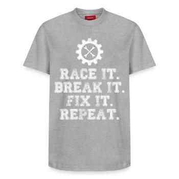 Race It Break It Fix It Repeat Racing Mechanic - Relaxed Unisex Supima Cotton T-Shirt – by SPREAD - heather grey - Front - AI Model Female 172 dark (172cm) & AI Model Male 185 dark (185cm)