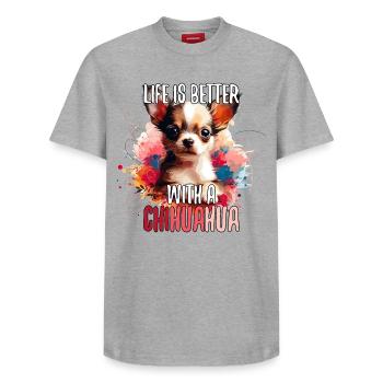 Chihuahua Puppy Cute Life Dog Gift - Relaxed Unisex Supima Cotton T-Shirt – by SPREAD - heather grey - Front - AI Model Female 172 dark (172cm) & AI Model Male 185 dark (185cm)