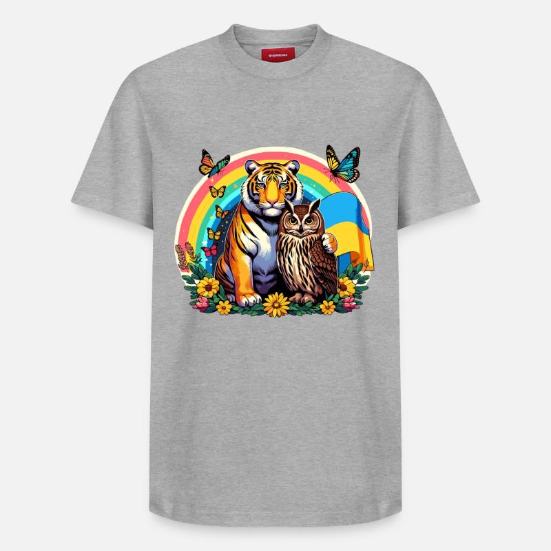 Tiger Eule Regenbogen - Relaxed Unisex Supima Cotton T-Shirt – von SPREAD - Grau meliert
