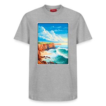 Nazare Portugal Coastal Cliffs Scene - Relaxed Unisex Supima Cotton T-Shirt – by SPREAD - heather grey - Front - AI Model Female 172 dark (172cm) & AI Model Male 185 dark (185cm)