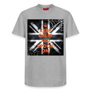 Gardez le calme Spook allumé - T-shirt unisexe décontracté en coton Supima – de SPREAD - gris chiné - Devant - AI Model Female 172 dark (172cm) & AI Model Male 185 dark (185cm)