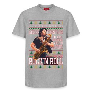 Rockabilly Christmas Rock'n'Roll Ugly Xmas Sweater - Relaxed Unisex Supima Cotton T-Shirt – by SPREAD - heather grey - Front - AI Model Female 172 dark (172cm) & AI Model Male 185 dark (185cm)