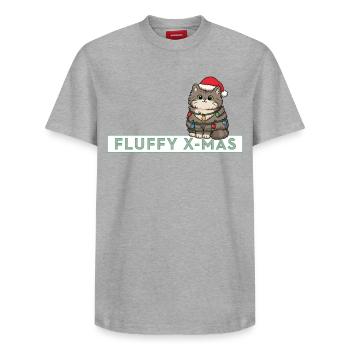 Fluffy X-Mas – Süße Katze Weihnachten Spruch - Relaxed Unisex Supima Cotton T-Shirt – von SPREAD - Grau meliert - Vorne - AI Model Female 172 dark (172cm) & AI Model Male 185 dark (185cm)