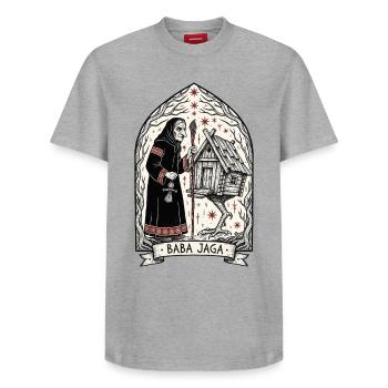 Baba Yaga Dunkle Slawische Hexenkunst - Relaxed Unisex Supima Cotton T-Shirt – von SPREAD - Grau meliert - Vorne - AI Model Female 172 dark (172cm) & AI Model Male 185 dark (185cm)