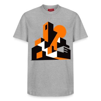 Silhouette géométrique de la ville orange - T-shirt unisexe décontracté en coton Supima – de SPREAD - gris chiné - Devant - AI Model Female 172 dark (172cm) & AI Model Male 185 dark (185cm)