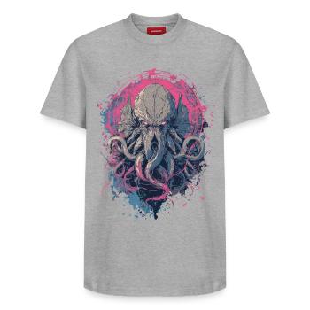 Cthulhu Horror - T-shirt unisexe décontracté en coton Supima – de SPREAD - gris chiné - Devant - AI Model Female 172 dark (172cm) & AI Model Male 185 dark (185cm)