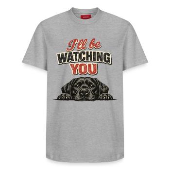 Black Labrador Retro Shirt - Watching You - Relaxed Unisex Supima Cotton T-Shirt – by SPREAD - heather grey - Front - AI Model Female 172 dark (172cm) & AI Model Male 185 dark (185cm)