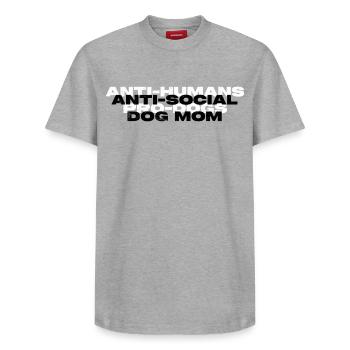 MAMAN CHIEN ANTISOCIALE - T-shirt unisexe décontracté en coton Supima – de SPREAD - gris chiné - Devant - AI Model Female 172 dark (172cm) & AI Model Male 185 dark (185cm)