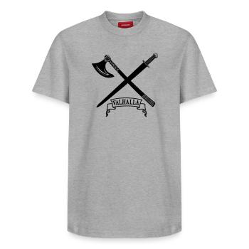 Valhalla with axe and sword - Relaxed Unisex Supima Cotton T-Shirt – by SPREAD - heather grey - Front - AI Model Female 172 dark (172cm) & AI Model Male 185 dark (185cm)