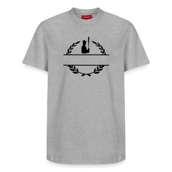 Baseball-Hitter im Lorbeerkranz-Monogramm - Relaxed Unisex Supima Cotton T-Shirt – von SPREAD - Grau meliert - Vorne - AI Model Female 172 dark (172cm) & AI Model Male 185 dark (185cm)