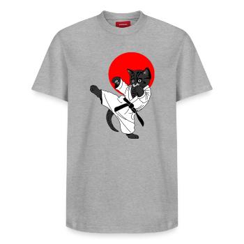 Schwarze Katze Karate Sonne - Relaxed Unisex Supima Cotton T-Shirt – von SPREAD - Grau meliert - Vorne - AI Model Female 172 dark (172cm) & AI Model Male 185 dark (185cm)