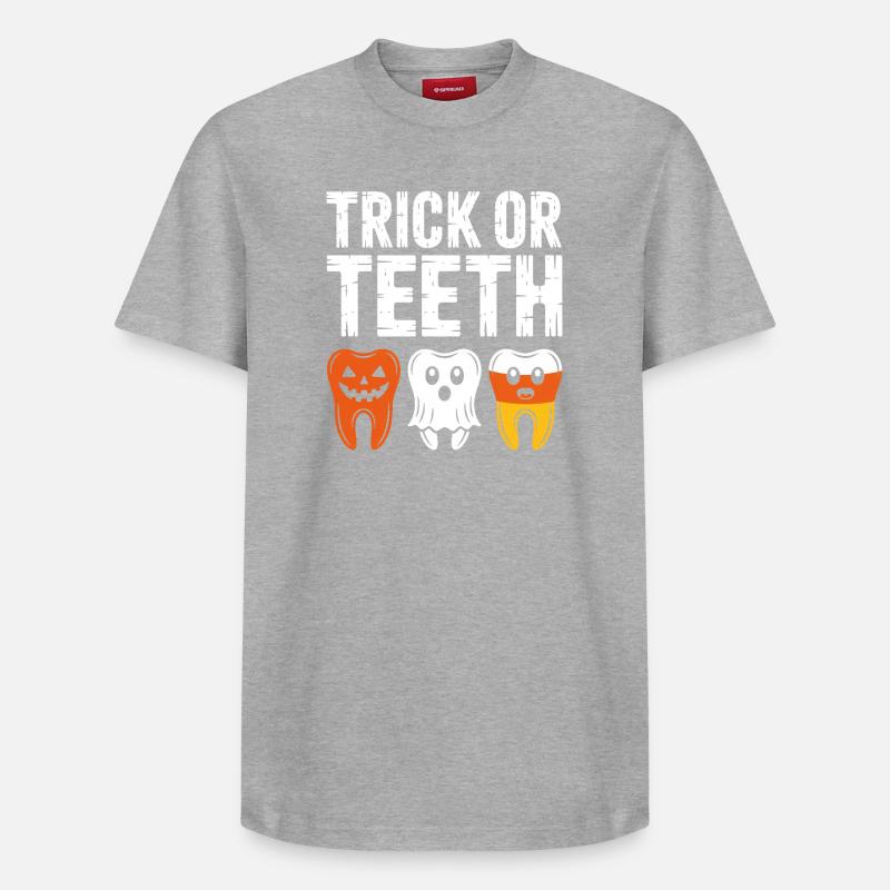 Trick oder Teeth Halloween-T-Shirt - Relaxed Unisex Supima Cotton T-Shirt – von SPREAD - Grau meliert
