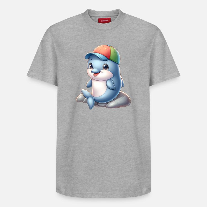 Fröhlicher Delfin mit Regenbogenkappe - Relaxed Unisex Supima Cotton T-Shirt – von SPREAD - Grau meliert