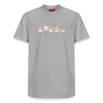 Langue des signes - T-shirt unisexe décontracté en coton Supima – de SPREAD - gris chiné - Devant - AI Model Female 172 dark (172cm) & AI Model Male 185 dark (185cm)