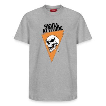 Rebell Totenschädel mit Dreieck Zigarette - Relaxed Unisex Supima Cotton T-Shirt – von SPREAD - Grau meliert - Vorne - AI Model Female 172 dark (172cm) & AI Model Male 185 dark (185cm)