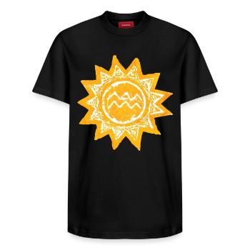 Abstraktes Sonnen-Design in Gelbtönen Mallorca - Relaxed Unisex Supima Cotton T-Shirt – von SPREAD - Schwarz - Vorne - AI Model Female 172 light (172cm) & AI Model Male 178 light (178cm)