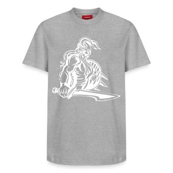 Strong Viking - Relaxed Unisex Supima Cotton T-Shirt – by SPREAD - heather grey - Front - AI Model Female 172 dark (172cm) & AI Model Male 185 dark (185cm)