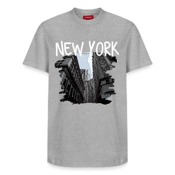 New York - T-shirt unisexe décontracté en coton Supima – de SPREAD - gris chiné - Devant - AI Model Female 172 dark (172cm) & AI Model Male 185 dark (185cm)