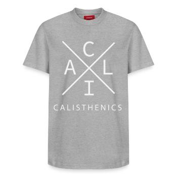 Cali Calisthenics Fitness Street Workout - Relaxed Unisex Supima Cotton T-Shirt – von SPREAD - Grau meliert - Vorne - AI Model Female 172 dark (172cm) & AI Model Male 185 dark (185cm)