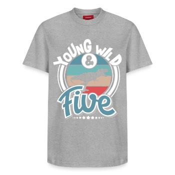 5 years children's birthday Dino Dinosaur - Relaxed Unisex Supima Cotton T-Shirt – by SPREAD - heather grey - Front - AI Model Female 172 dark (172cm) & AI Model Male 185 dark (185cm)