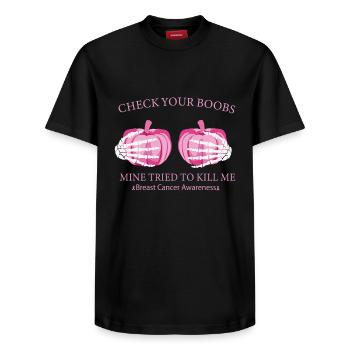 Check Your Boobs Breast Cancer Pumpkin - Relaxed Unisex Supima Cotton T-Shirt – by SPREAD - black - Front - AI Model Female 172 light (172cm) & AI Model Male 178 light (178cm)