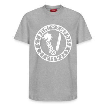 Symbole des Vikings - T-shirt unisexe décontracté en coton Supima – de SPREAD - gris chiné - Devant - AI Model Female 172 dark (172cm) & AI Model Male 185 dark (185cm)