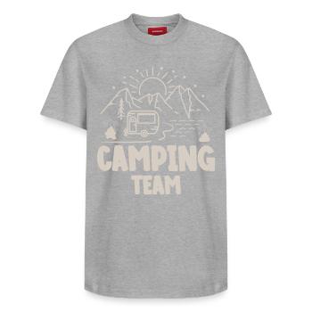 Équipe de camping Camper Campen - T-shirt unisexe décontracté en coton Supima – de SPREAD - gris chiné - Devant - AI Model Female 172 dark (172cm) & AI Model Male 185 dark (185cm)