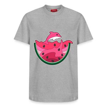 Dolphin Watermelon - Relaxed Unisex Supima Cotton T-Shirt – by SPREAD - heather grey - Front - AI Model Female 172 dark (172cm) & AI Model Male 185 dark (185cm)