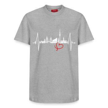 Hamburg Skyline Herzschlag Hamburger Liebe Fan - Relaxed Unisex Supima Cotton T-Shirt – von SPREAD - Grau meliert - Vorne - AI Model Female 172 dark (172cm) & AI Model Male 185 dark (185cm)