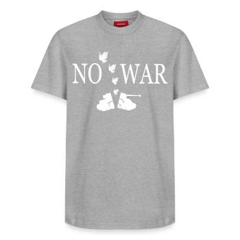 No war - Relaxed Unisex Supima Cotton T-Shirt – by SPREAD - heather grey - Front - AI Model Female 172 dark (172cm) & AI Model Male 185 dark (185cm)