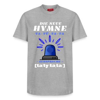 Blaulicht Sirene die neue Hymne - Relaxed Unisex Supima Cotton T-Shirt – von SPREAD - Grau meliert - Vorne - AI Model Female 172 dark (172cm) & AI Model Male 185 dark (185cm)