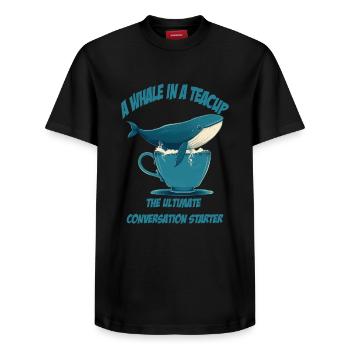 Whale in teacup conversation starter - Relaxed Unisex Supima Cotton T-Shirt – by SPREAD - black - Front - AI Model Female 172 light (172cm) & AI Model Male 178 light (178cm)