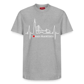 San Francisco Skyline Heartbeat Californie États-Unis - T-shirt unisexe décontracté en coton Supima – de SPREAD - gris chiné - Devant - AI Model Female 172 dark (172cm) & AI Model Male 185 dark (185cm)