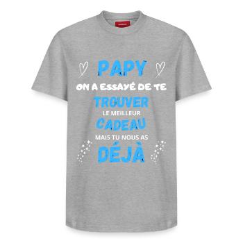 Cadeau Humour Papy Pour La Fête Des Grands Pères - T-shirt unisexe décontracté en coton Supima – de SPREAD - gris chiné - Devant - AI Model Female 172 dark (172cm) & AI Model Male 185 dark (185cm)