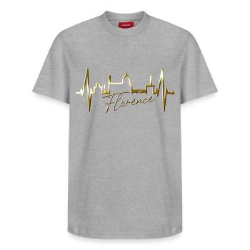 Florence Skyline Italy Heartbeat I Love Firenze - Relaxed Unisex Supima Cotton T-Shirt – by SPREAD - heather grey - Front - AI Model Female 172 dark (172cm) & AI Model Male 185 dark (185cm)