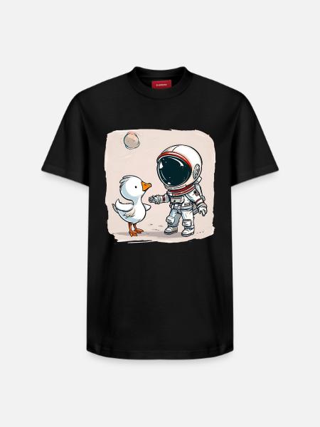 Cute Astronaut and Goose Cartoon Design | Space - Relaxed Unisex Supima Cotton T-Shirt – by SPREAD - black