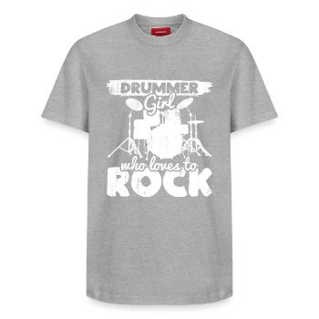 Schlagzeugerin die Rockmusik liebt - Relaxed Unisex Supima Cotton T-Shirt – von SPREAD - Grau meliert - Vorne - AI Model Female 172 dark (172cm) & AI Model Male 185 dark (185cm)