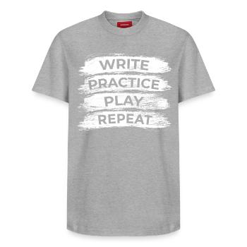Writing, practicing, playing, repeating - Relaxed Unisex Supima Cotton T-Shirt – by SPREAD - heather grey - Front - AI Model Female 172 dark (172cm) & AI Model Male 185 dark (185cm)
