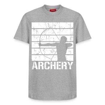 Fun archery - Relaxed Unisex Supima Cotton T-Shirt – by SPREAD - heather grey - Front - AI Model Female 172 dark (172cm) & AI Model Male 185 dark (185cm)