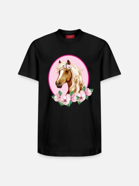 Romantisches braunes Pferd - Blüten rosa - Relaxed Unisex Supima Cotton T-Shirt – von SPREAD - Schwarz