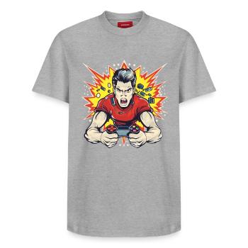 Style de dessin animé de joueur - T-shirt unisexe décontracté en coton Supima – de SPREAD - gris chiné - Devant - AI Model Female 172 dark (172cm) & AI Model Male 185 dark (185cm)