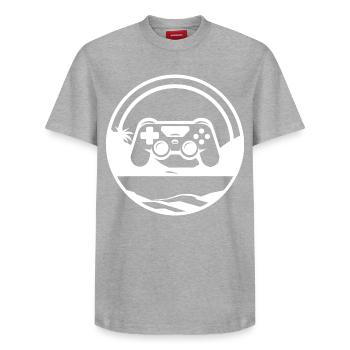 Graphismes de jeux vidéo - T-shirt unisexe décontracté en coton Supima – de SPREAD - gris chiné - Devant - AI Model Female 172 dark (172cm) & AI Model Male 185 dark (185cm)
