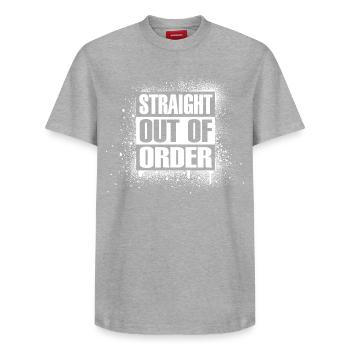 Straight out of order - Relaxed Unisex Supima Cotton T-Shirt – by SPREAD - heather grey - Front - AI Model Female 172 dark (172cm) & AI Model Male 185 dark (185cm)